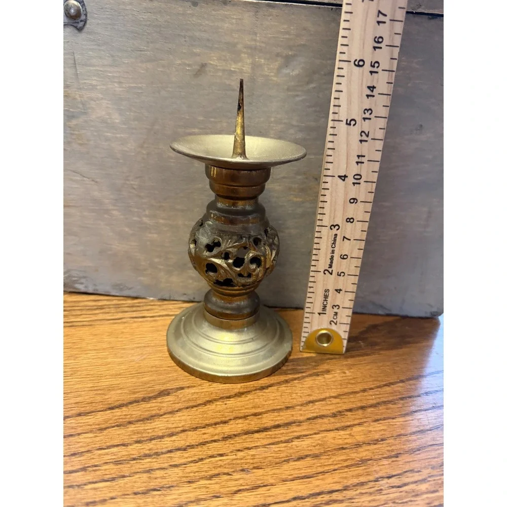 Vintage Brass Pricket Candle Holder Ornate Filigree Spike Pillar Stand 4.75in